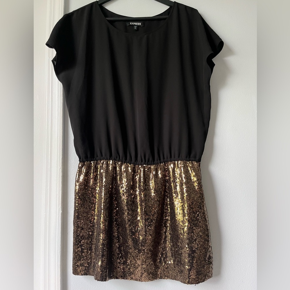 Express Women's Black and Gold Sequin Dress Size S